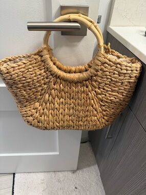 Woven Straw Tote Bag with Bamboo Handles - Natural